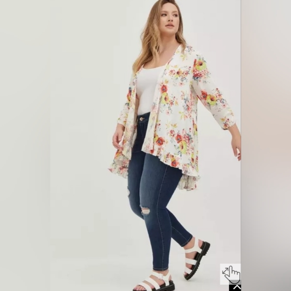 Retro Floral Ivory Ruffle Open Front Kimono Cardigan